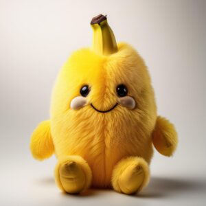 fuzzy banana stuffed animal on white background